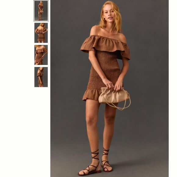 By Anthropologie Off-The-Shoulder Smocked Mini Dress - Picture 1 of 4